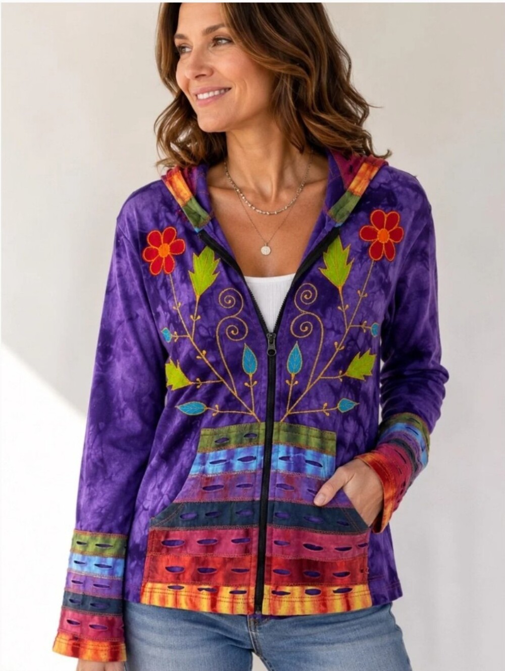 Rising International Nepal Purple Tie-Dye Embroidered Zip Hoodie Jacket Sz. 2X
